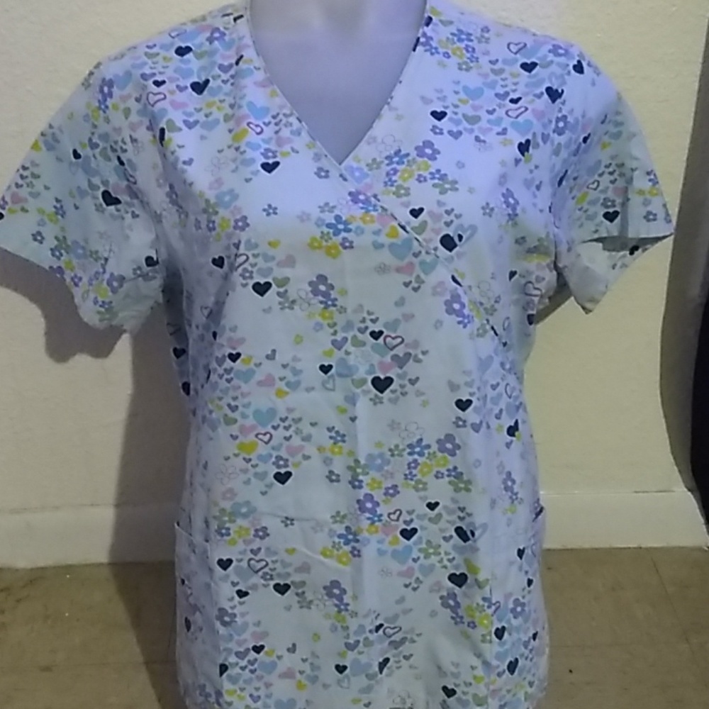 Blue Scrub Top with Multi-color print size XL